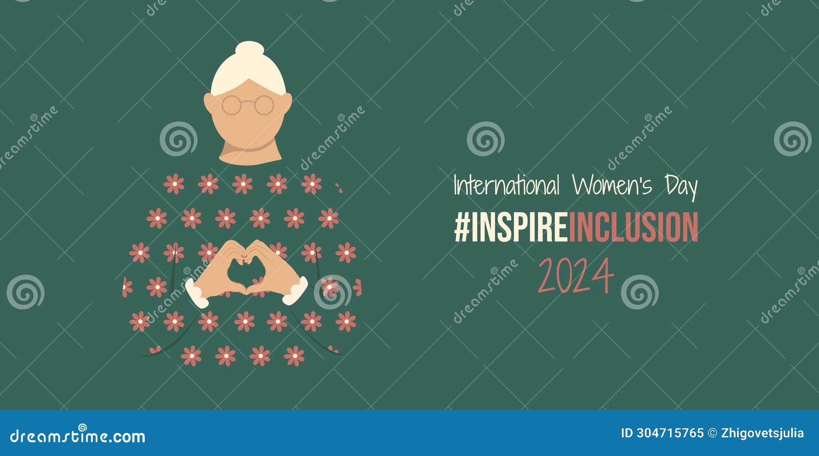 old lady on international women's day 2024 banner. iwd inspireinclusion horizontal  with woman shows heart 