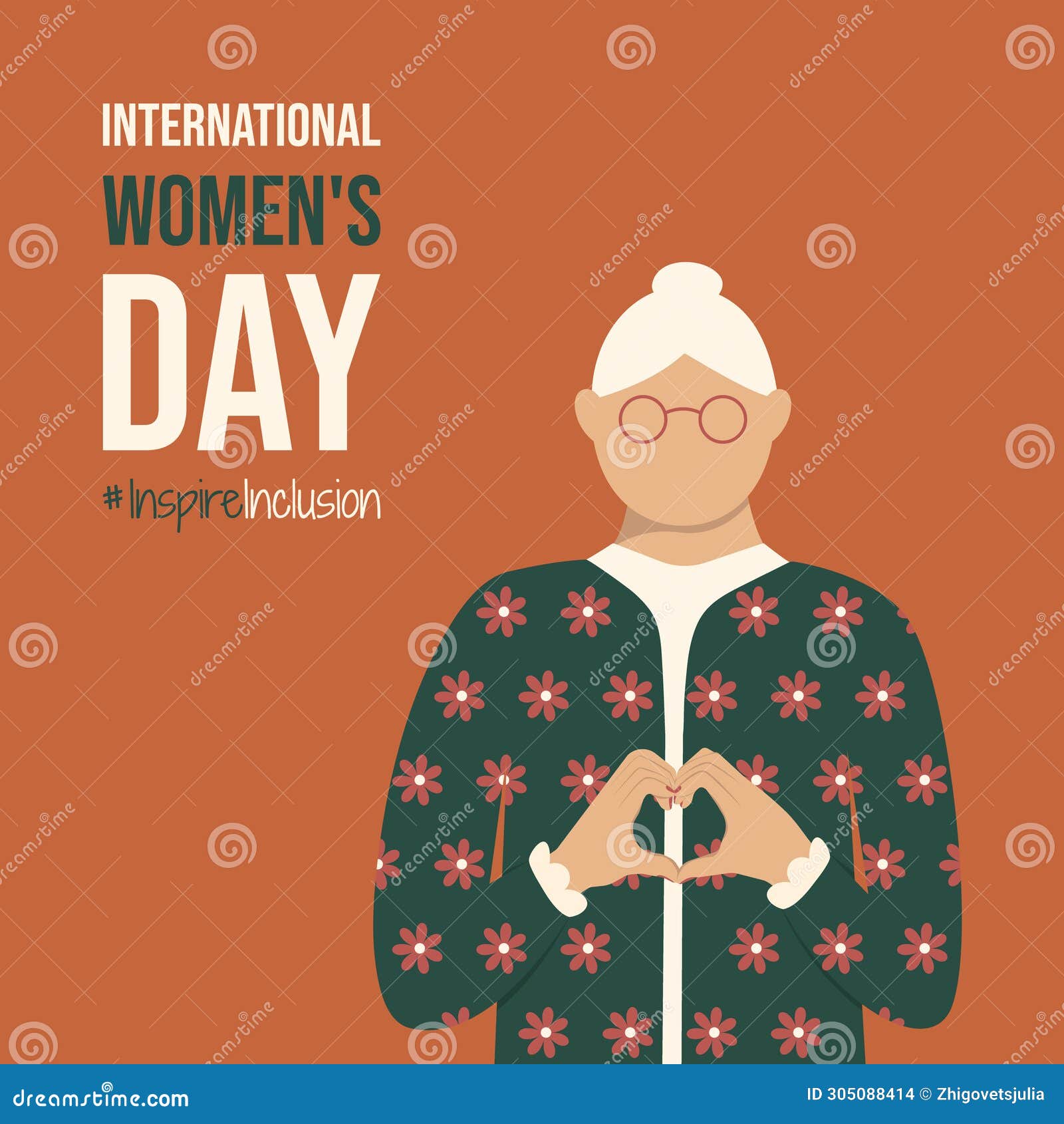old lady on international women's day 2024 postcard. woman shows heart  with hands on spring iwd inspireinclusion