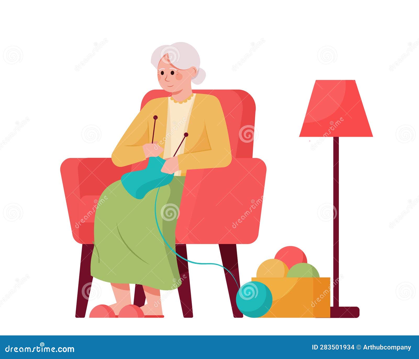 Old Lady Sitting in Armchair and Knitting. Grandmother Doing Household ...