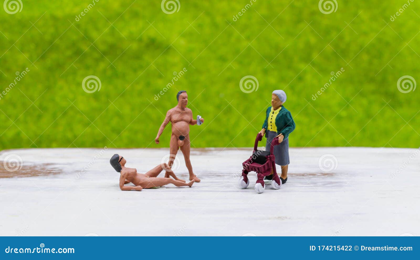 old lady with walker frame meets sunbathers