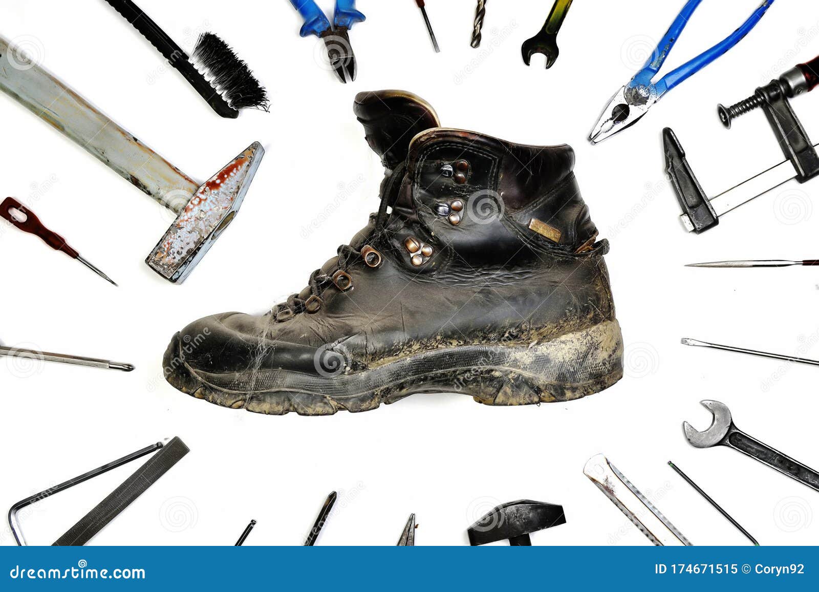 Old Leather Boot and Repair Tools Stock Image - Image of foot, black: 174671515