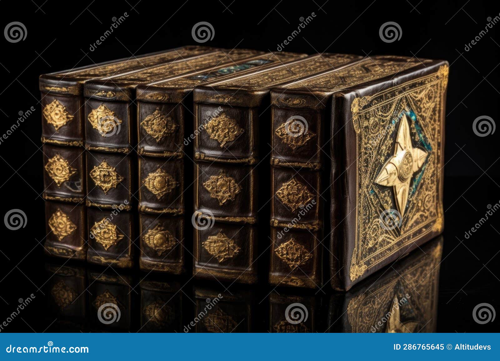 old leather-bound books with gold embossing