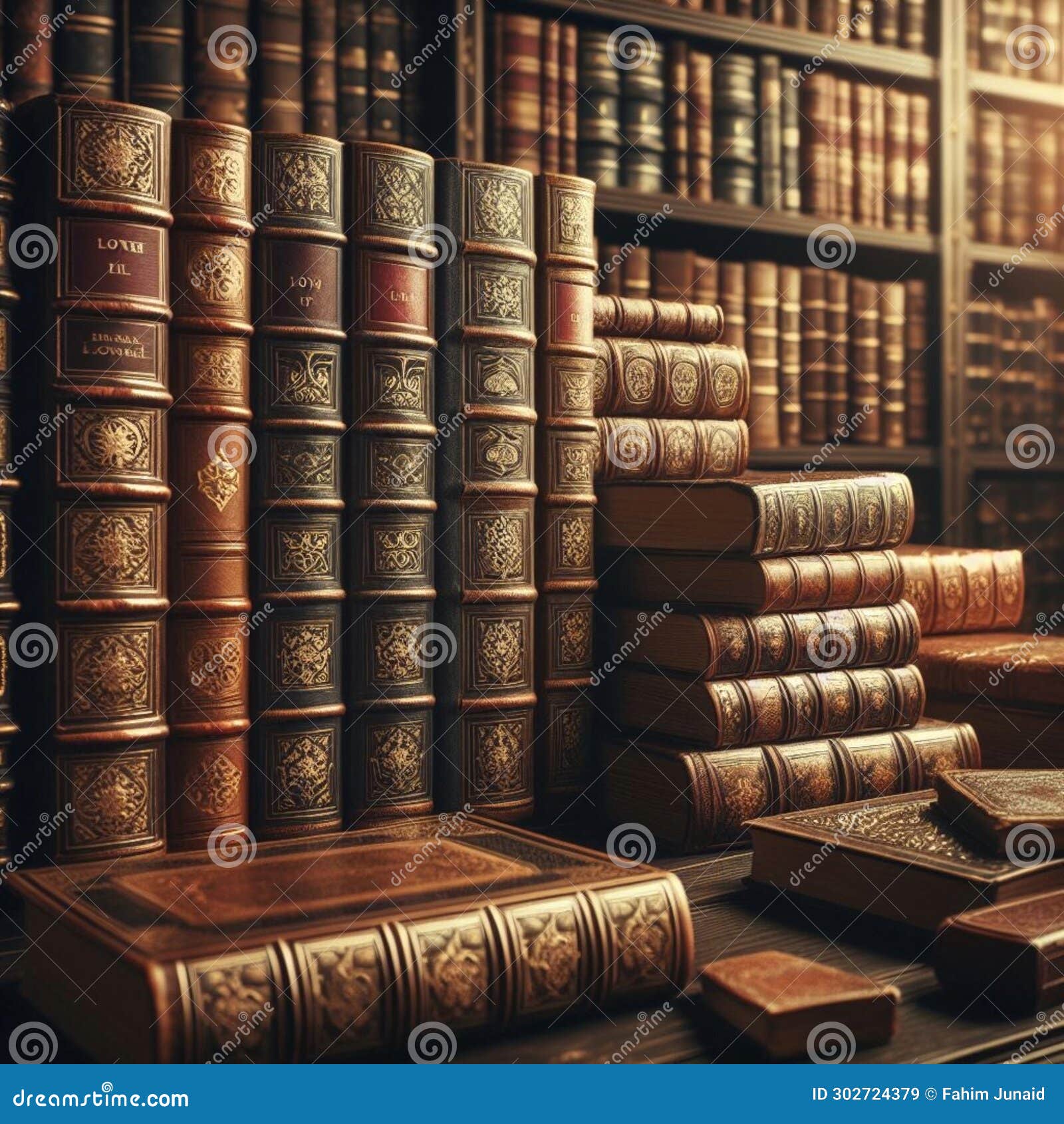 old leather bound books on a shelf in a library.