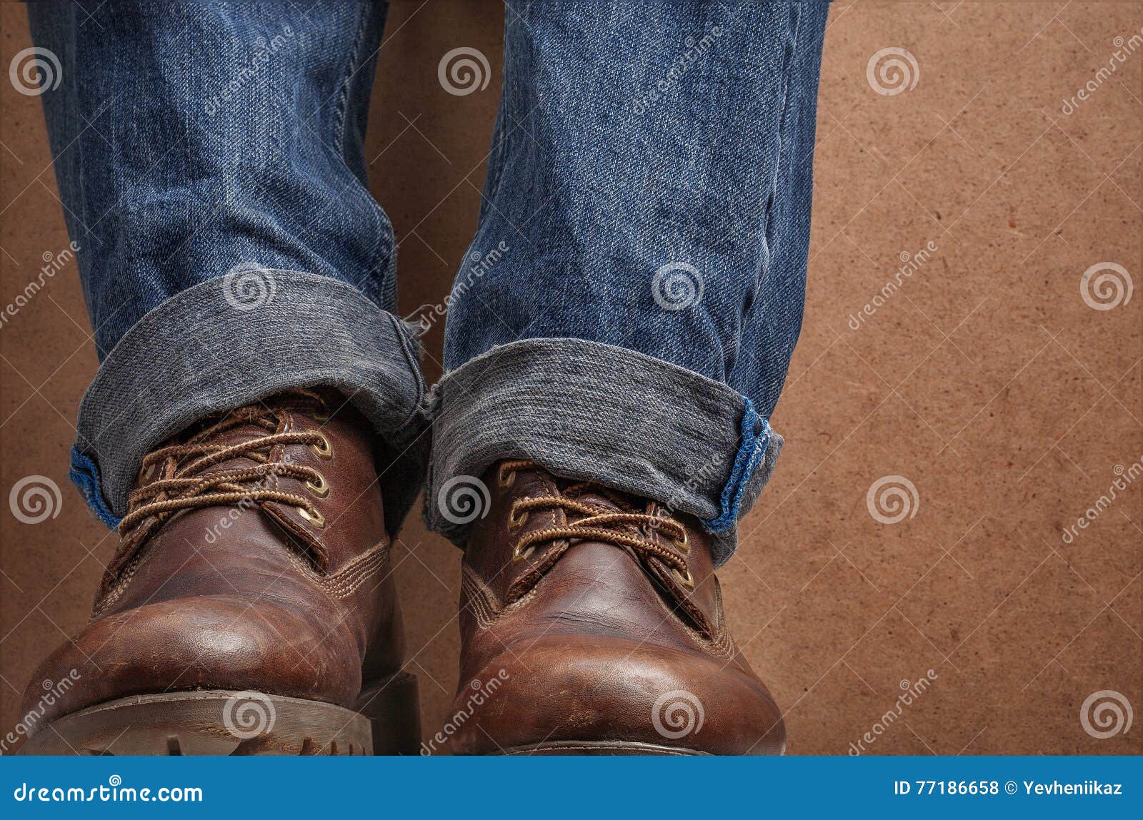 Old Leather Brown Boots and Blue Jeans Stock Photo - Image of fashioned ...