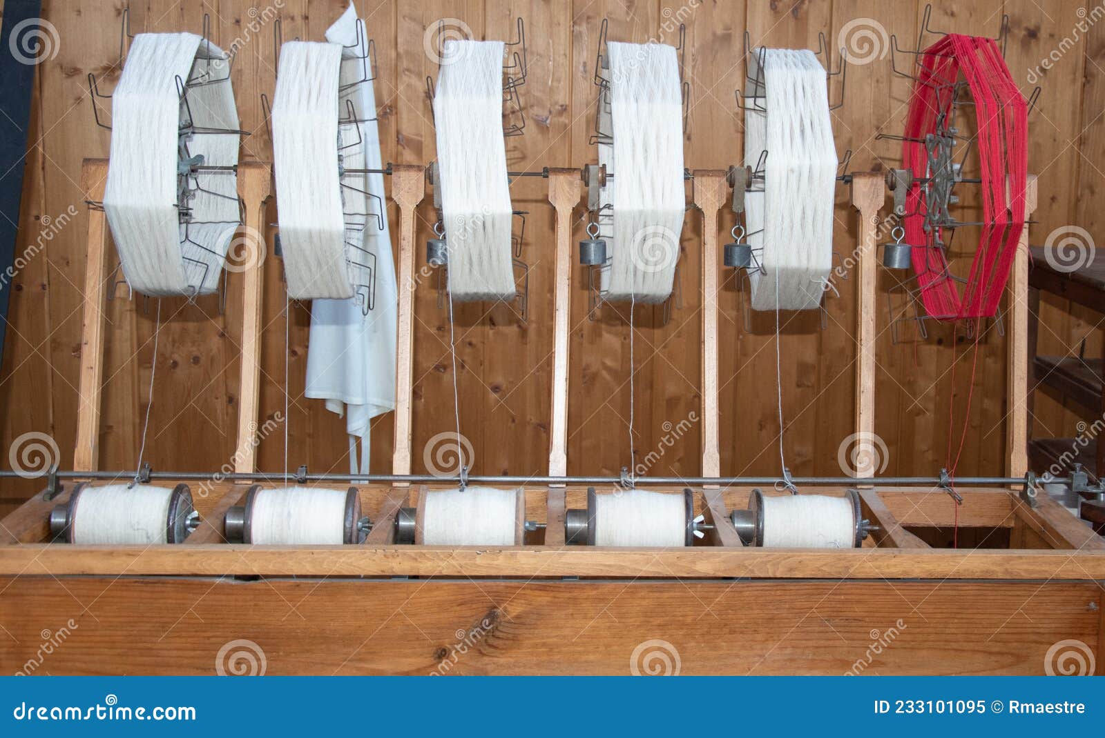 Old Loom, Spinning Machine, Rows Of White And Colored Cotton Threads