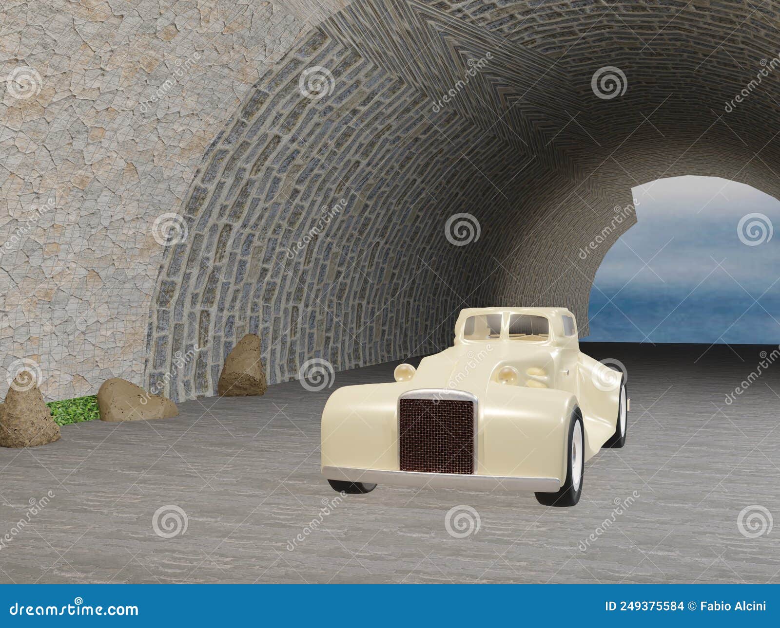 Old Luxury Car Coming Out of a Gallery Stock Illustration