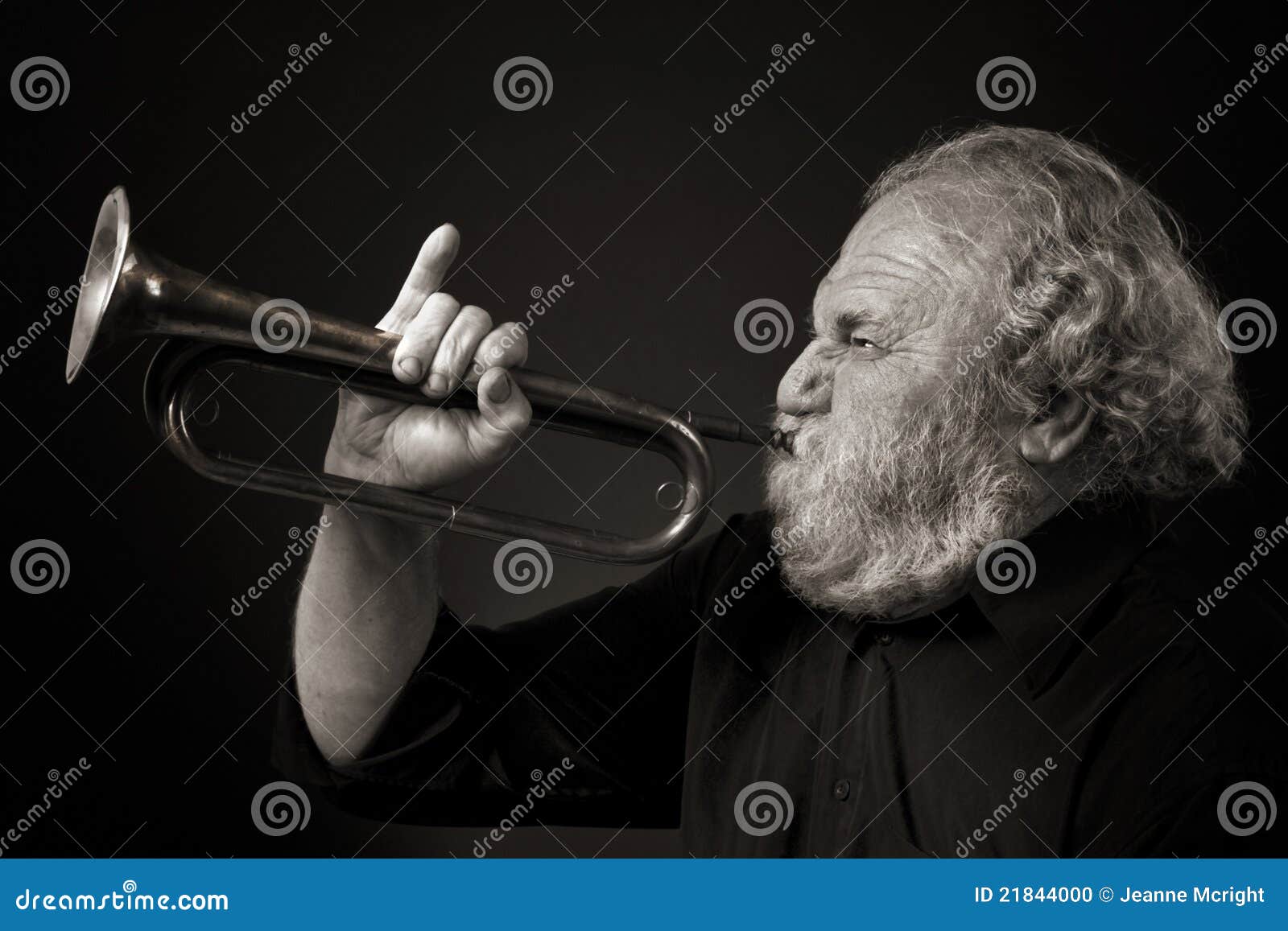 old man blowing a bugle with gusto