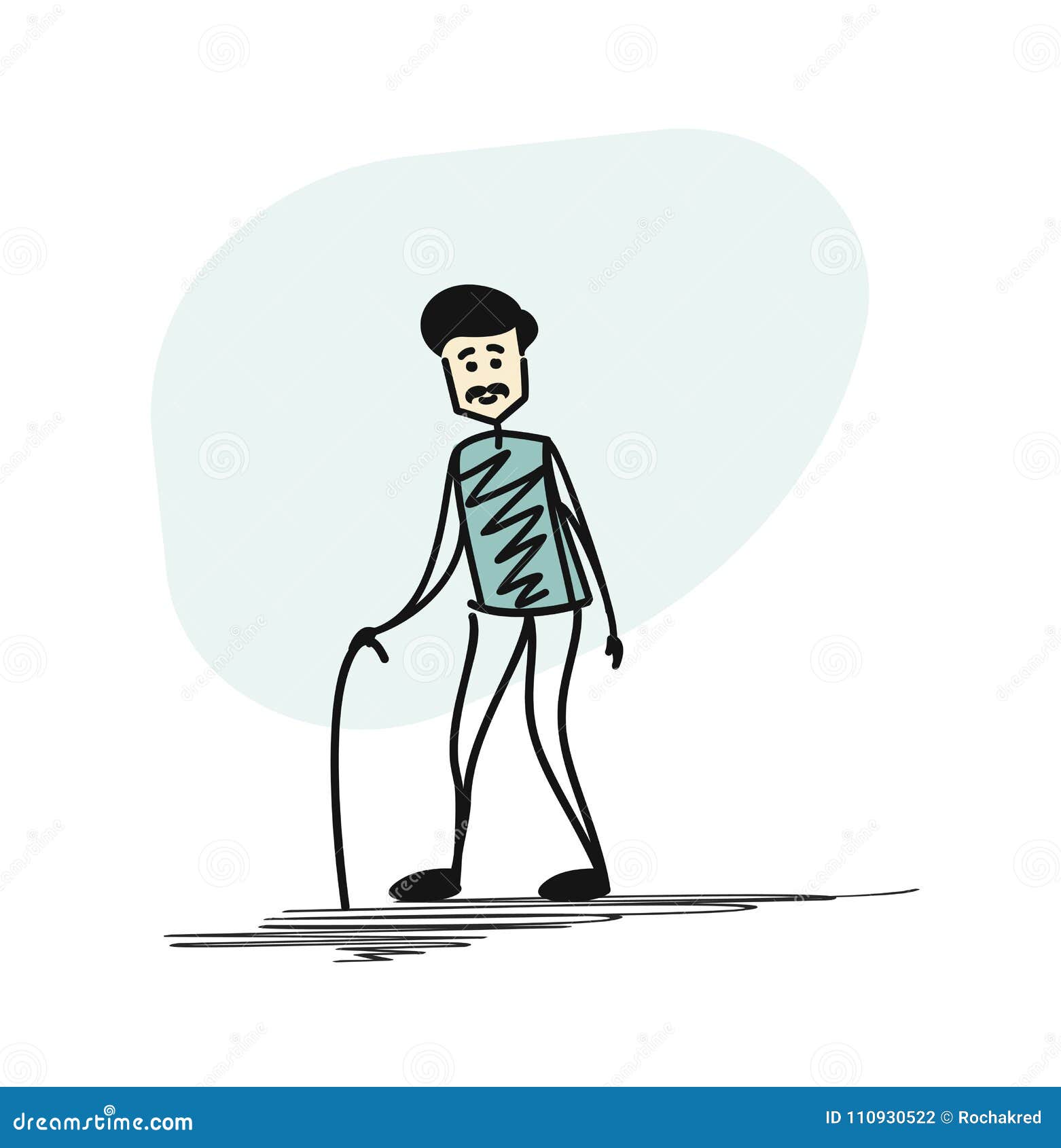 Elderly Man Walking Backwards. Grandfather With A Walking Stick Cartoon