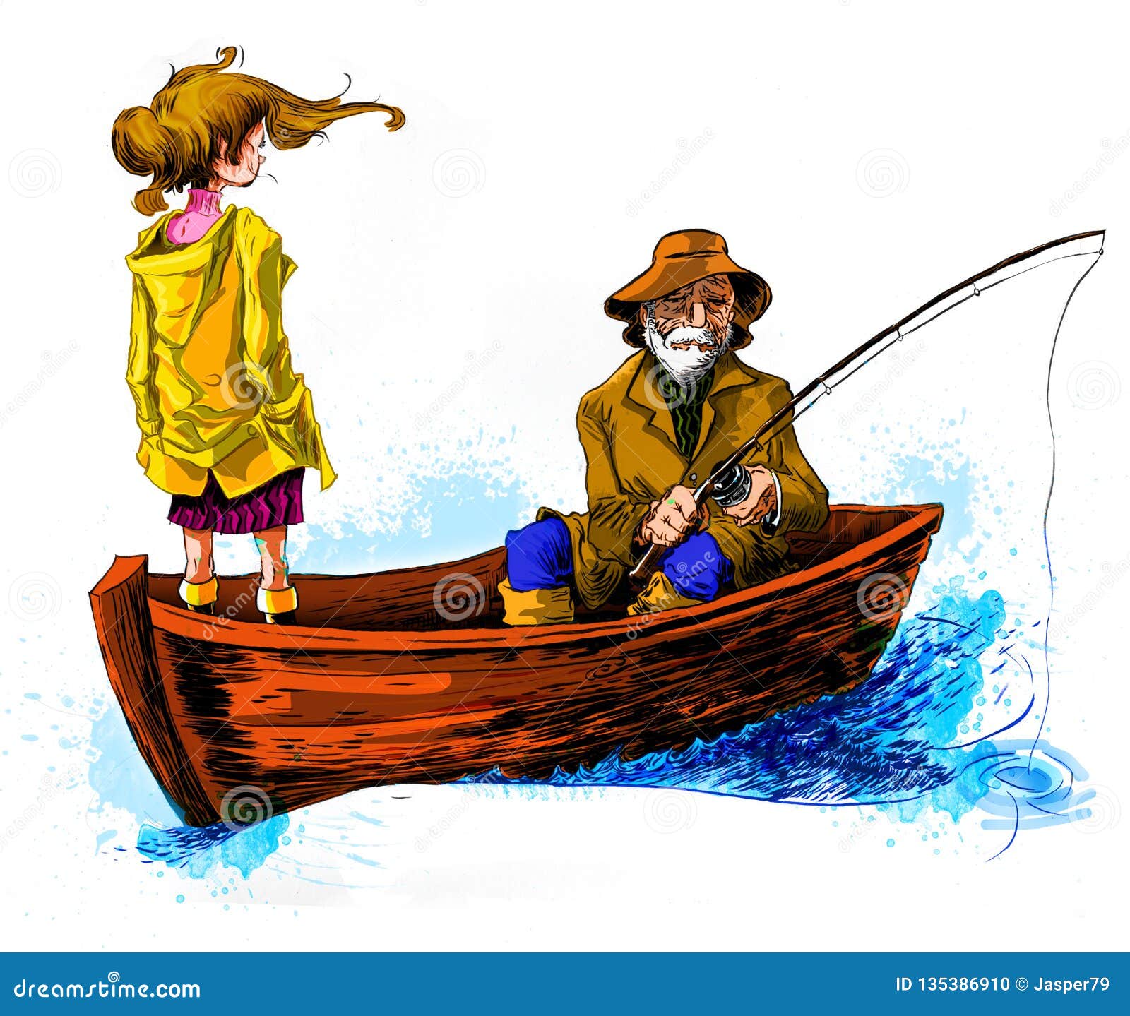 old man fishing on a wood boat with his grand daugther