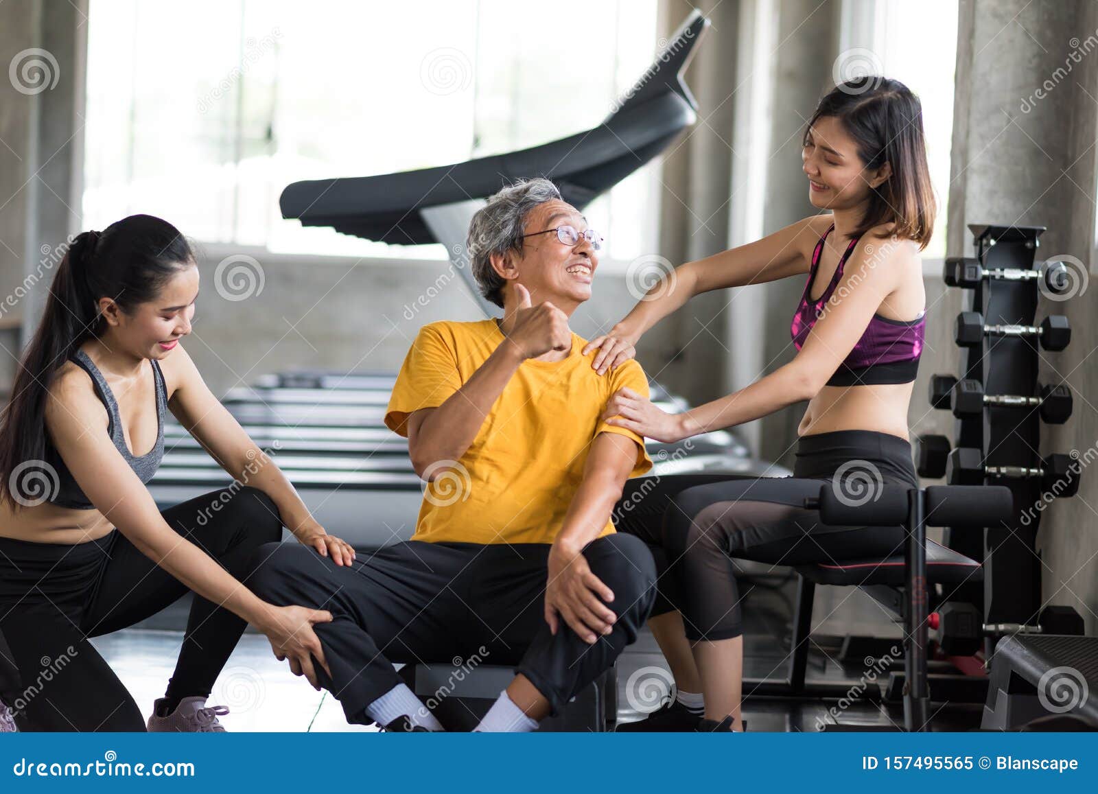 Old Man Get Massage After Work Out In Gym Stock Image Image Of Female Copy 157495565