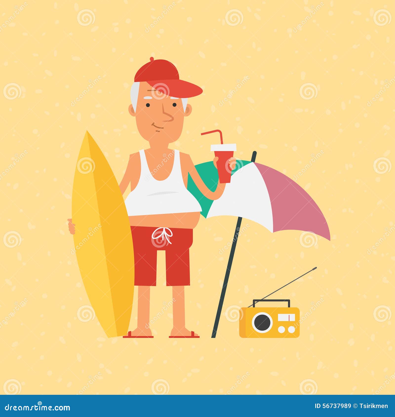 old man holding surfboard and drinks juice