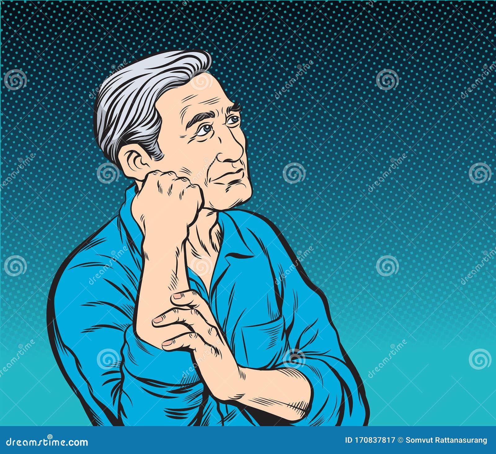 The Old Man Sitting And Thinkingpop Art Vector Illustration Stock