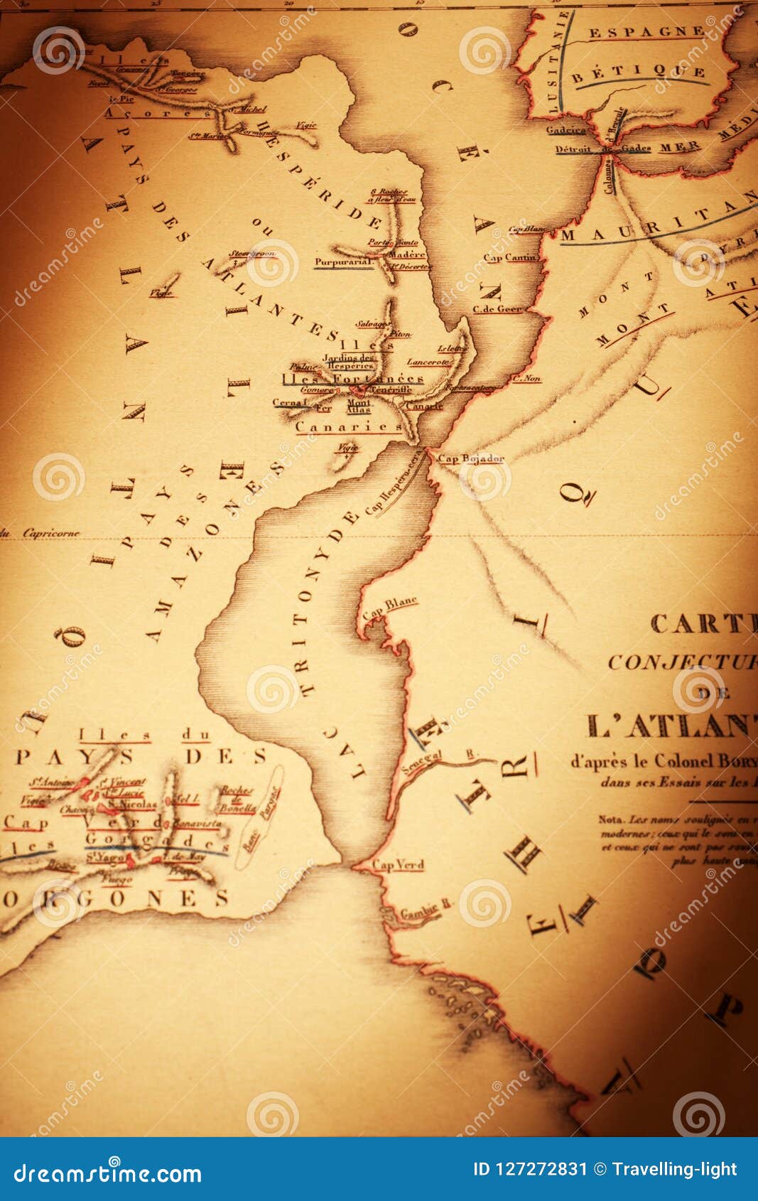 Old Map Showing Atlantis with Africa and Spain Stock Image - Image of