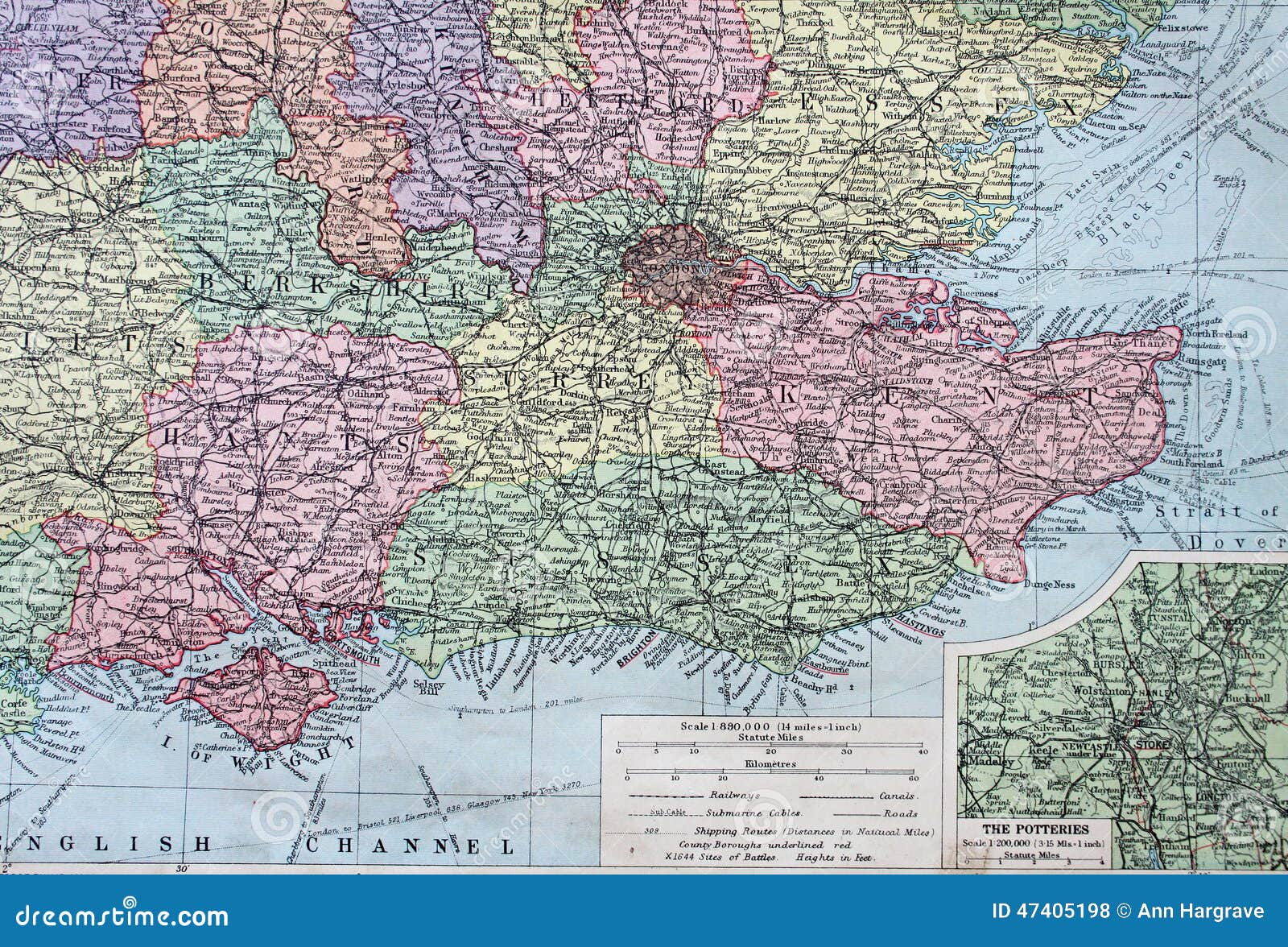 Old 1945 Map of the South East of England. Stock Illustration