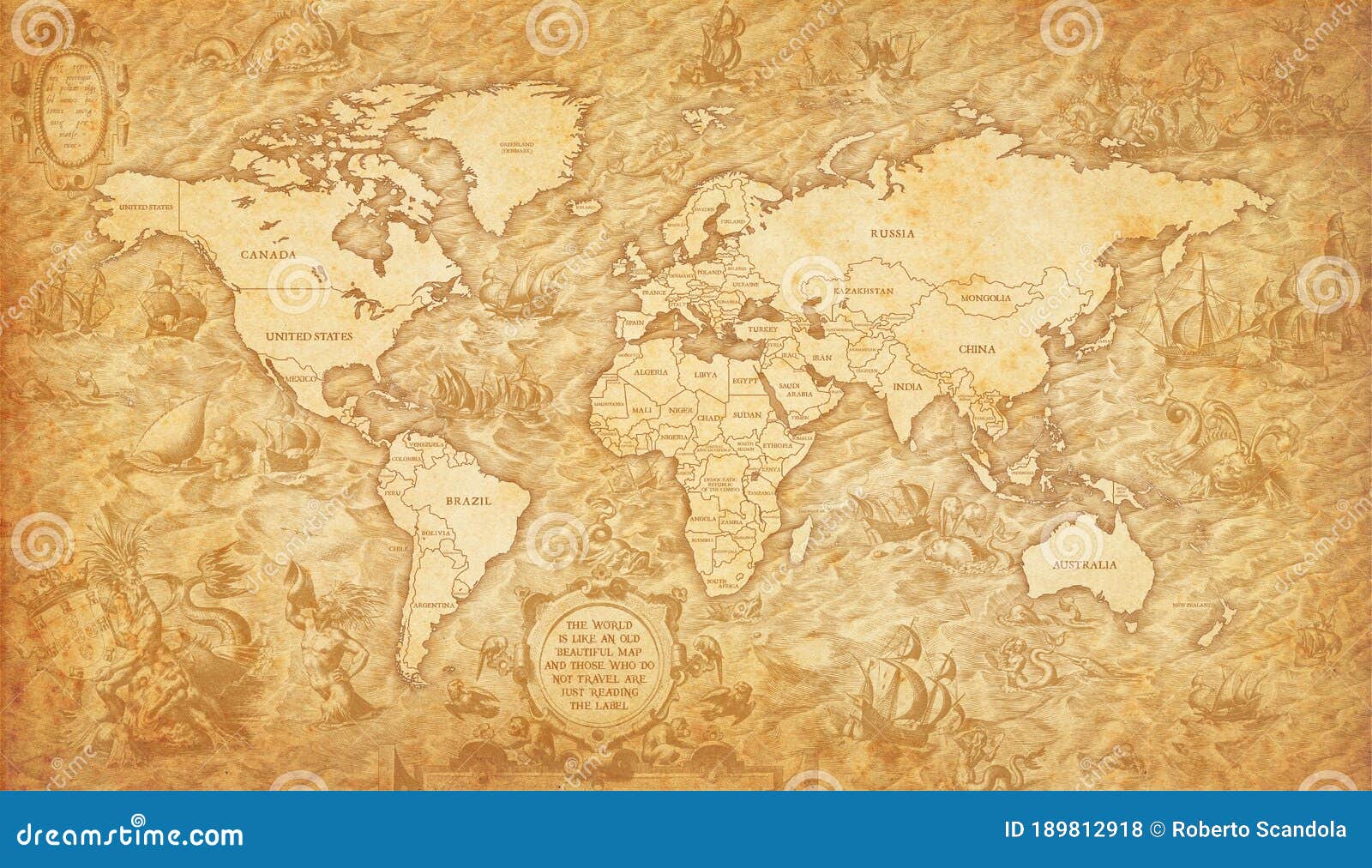 World Map On Old Parchment With Country Names RoyaltyFree Stock