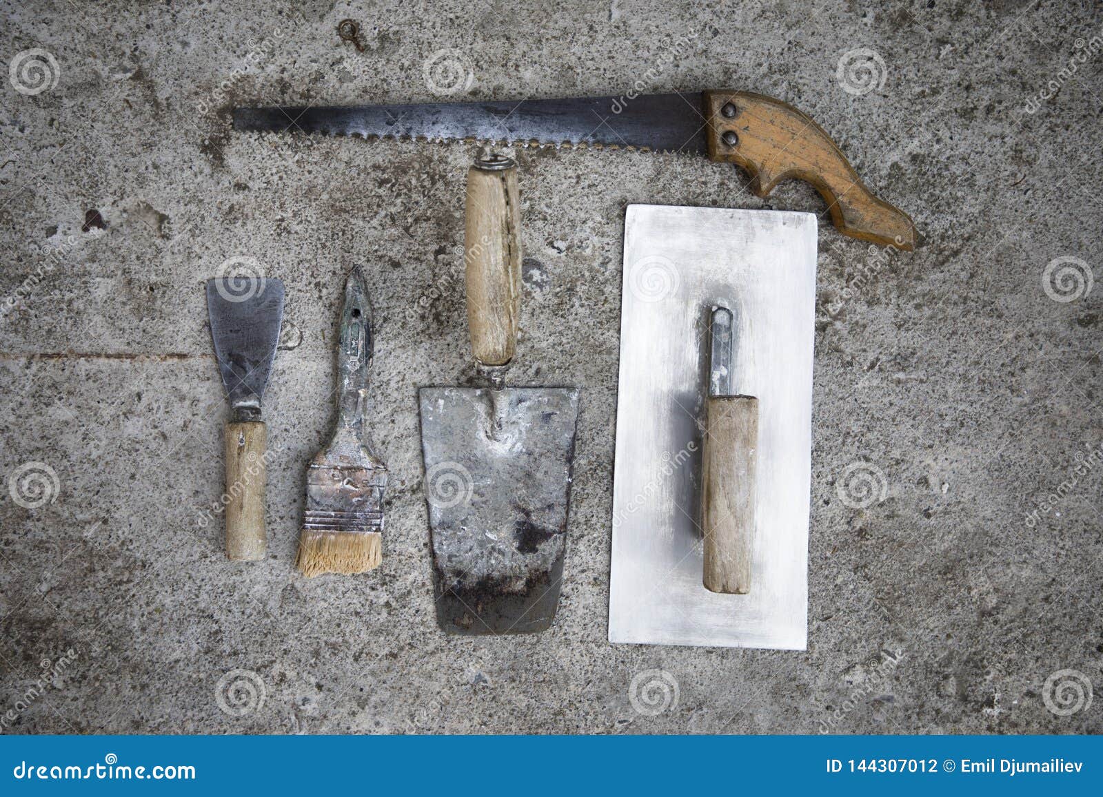 Old Masonry Tools, Construction Masonry Cement Mortar Tools Stock Photo