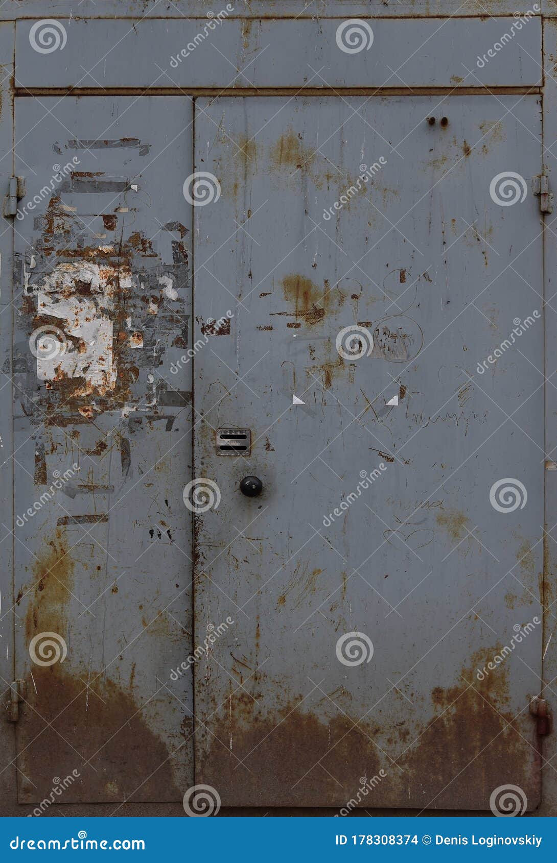 Old Metal Gray Double Door with Peeling Paint. Stock Photo Image of