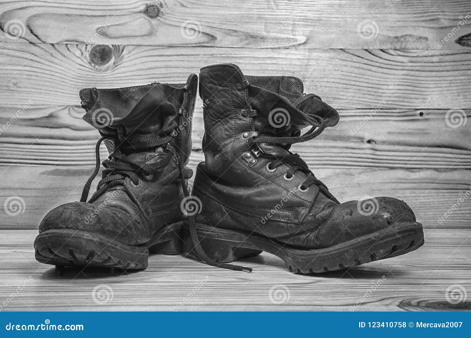Old Military Boots in Black and White. Stock Photo - Image of retro ...