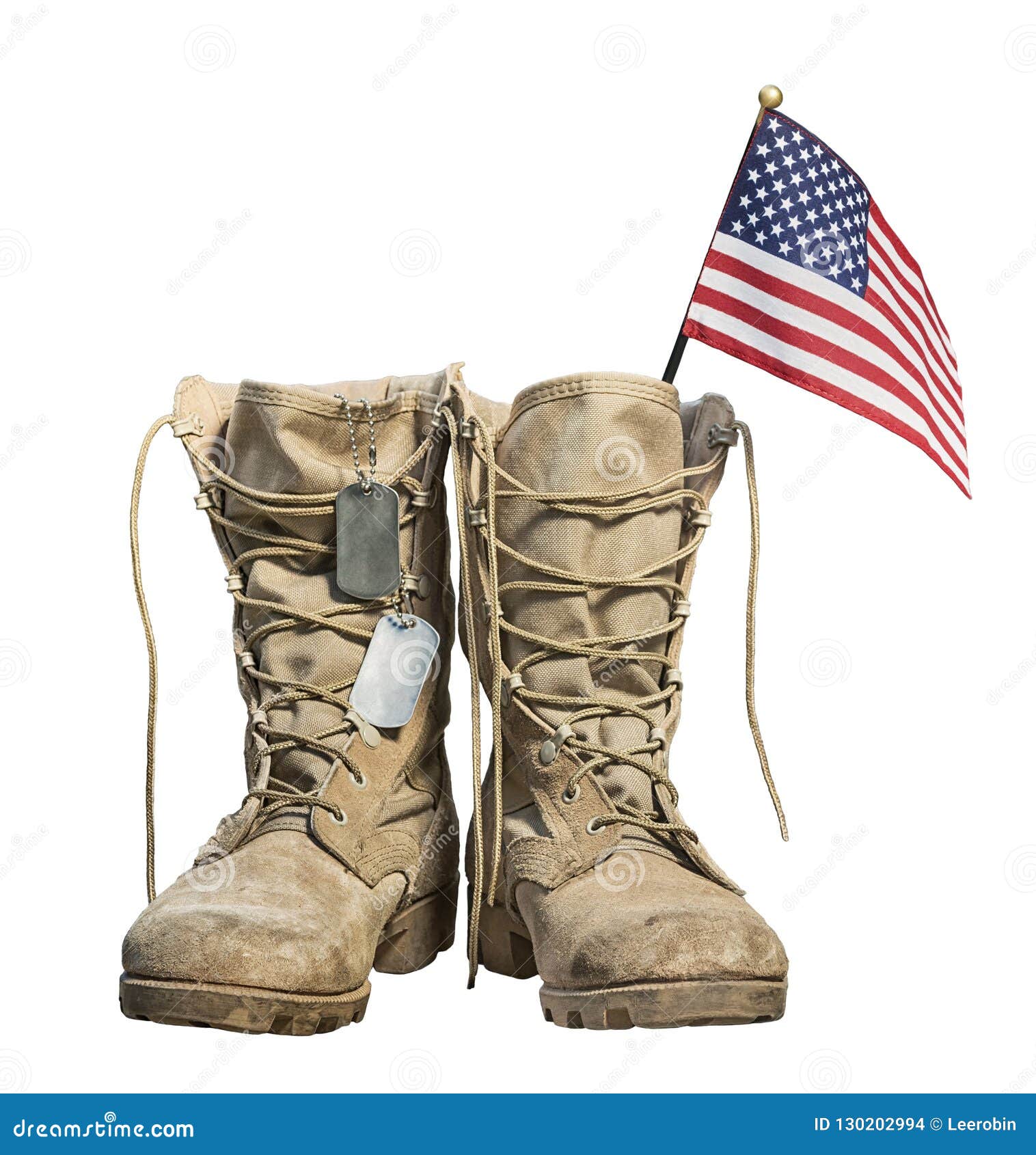 old military combat boots with the american flag and dog tags