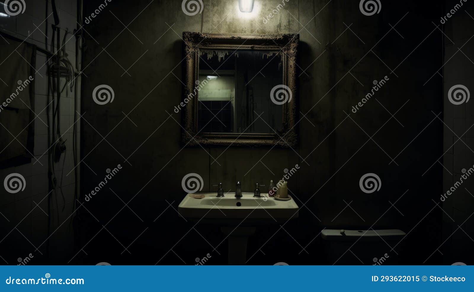 creepy bathroom mirror in a dark dystopian landscape