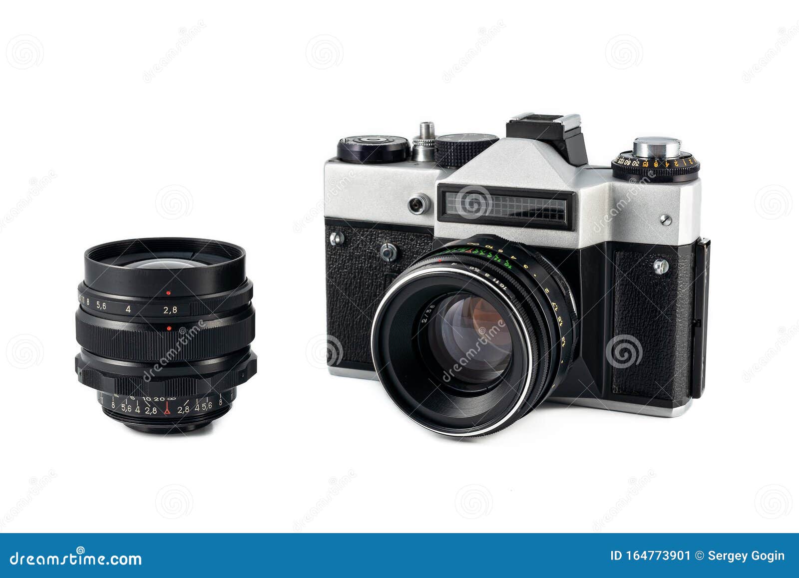 Old 35mm Film Camera With Lenses Isolated On White Background Stock