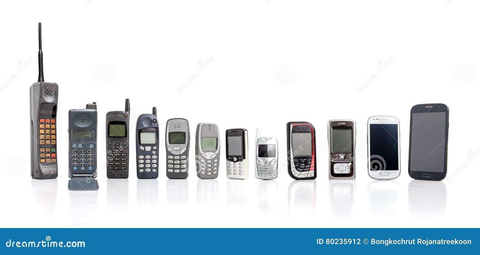 old mobile phones from past to present on white background.