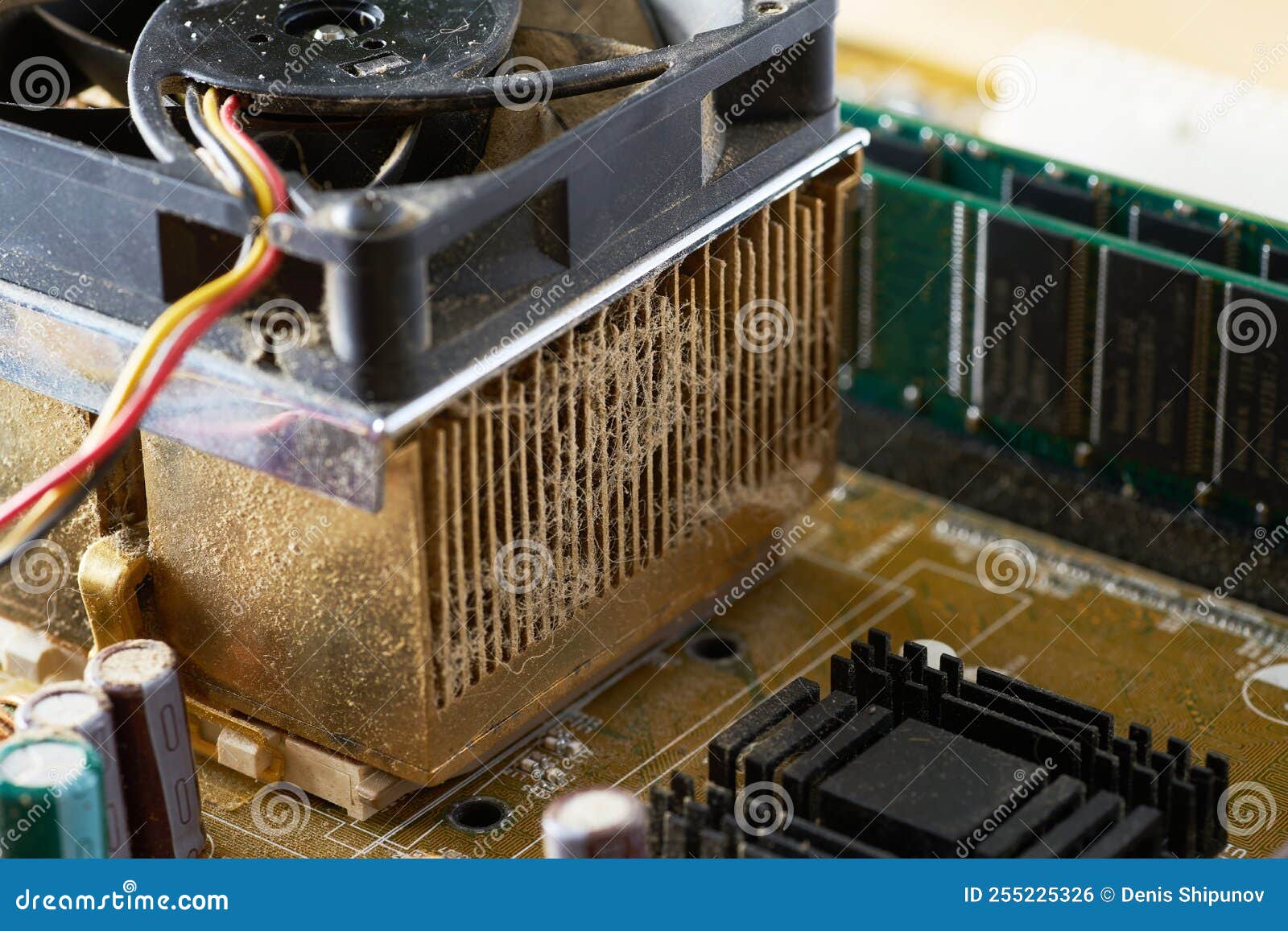 Old Motherboard Covered in Dust and Dirt. Closeup Stock Photo Image