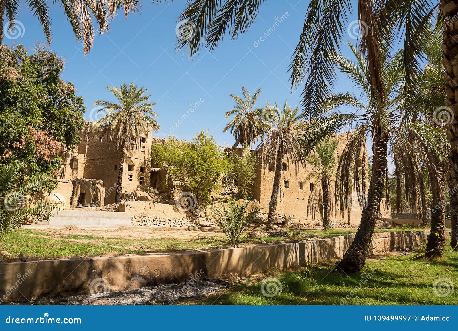 old mud houses and palm tree in the old village of al hamra