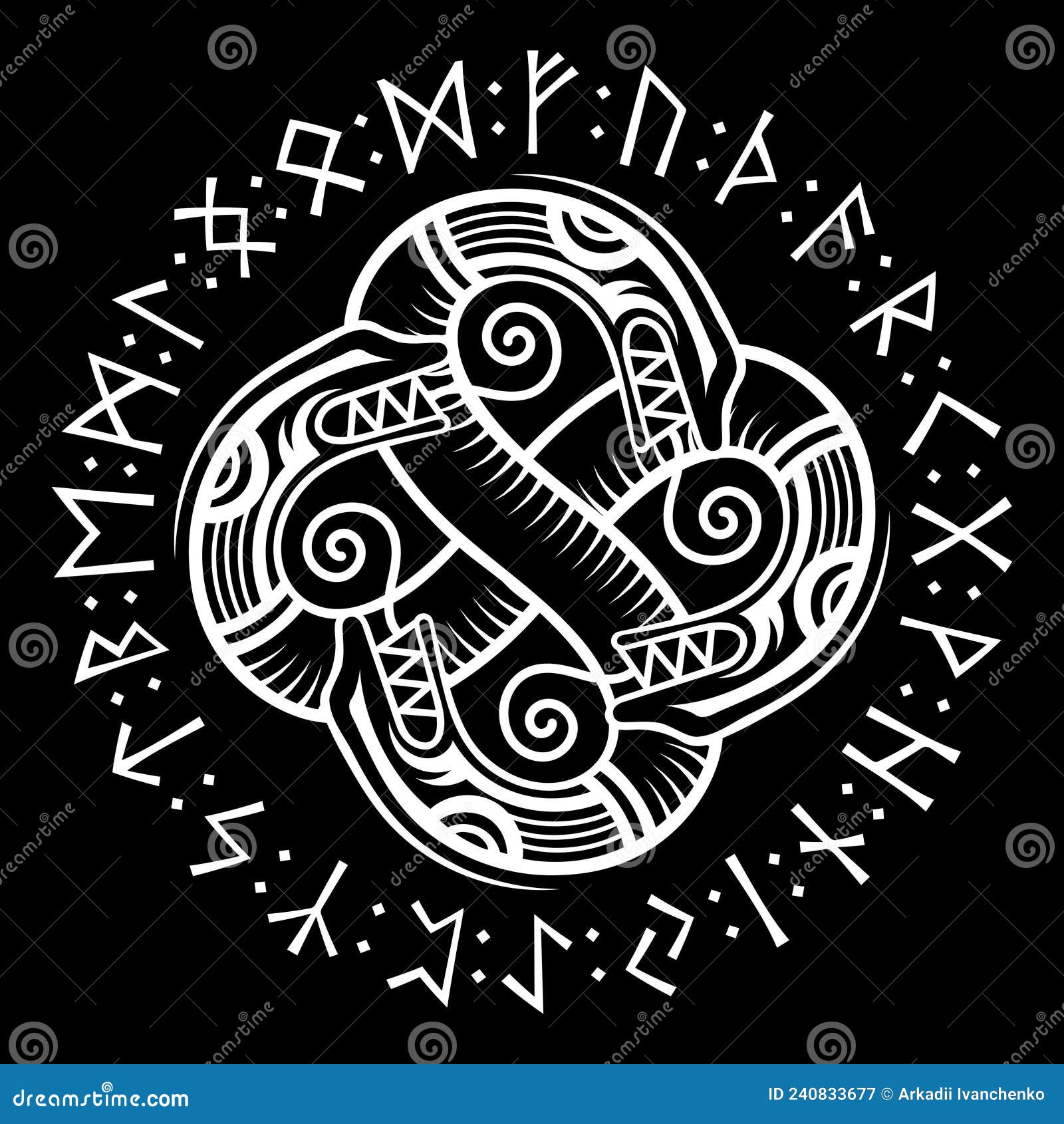 Old Norse Design. Dragon in a Circle of Ancient Scandinavian Runes ...