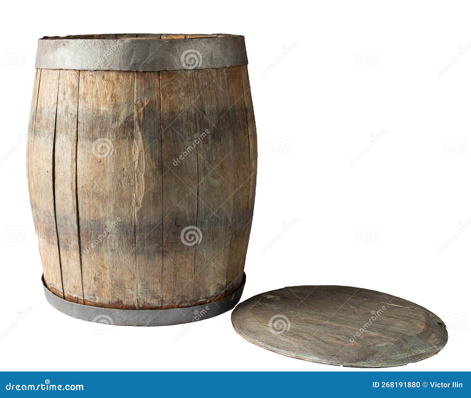 Old Oak Wine Barrel and Lid. Isolate on White Background Stock Photo