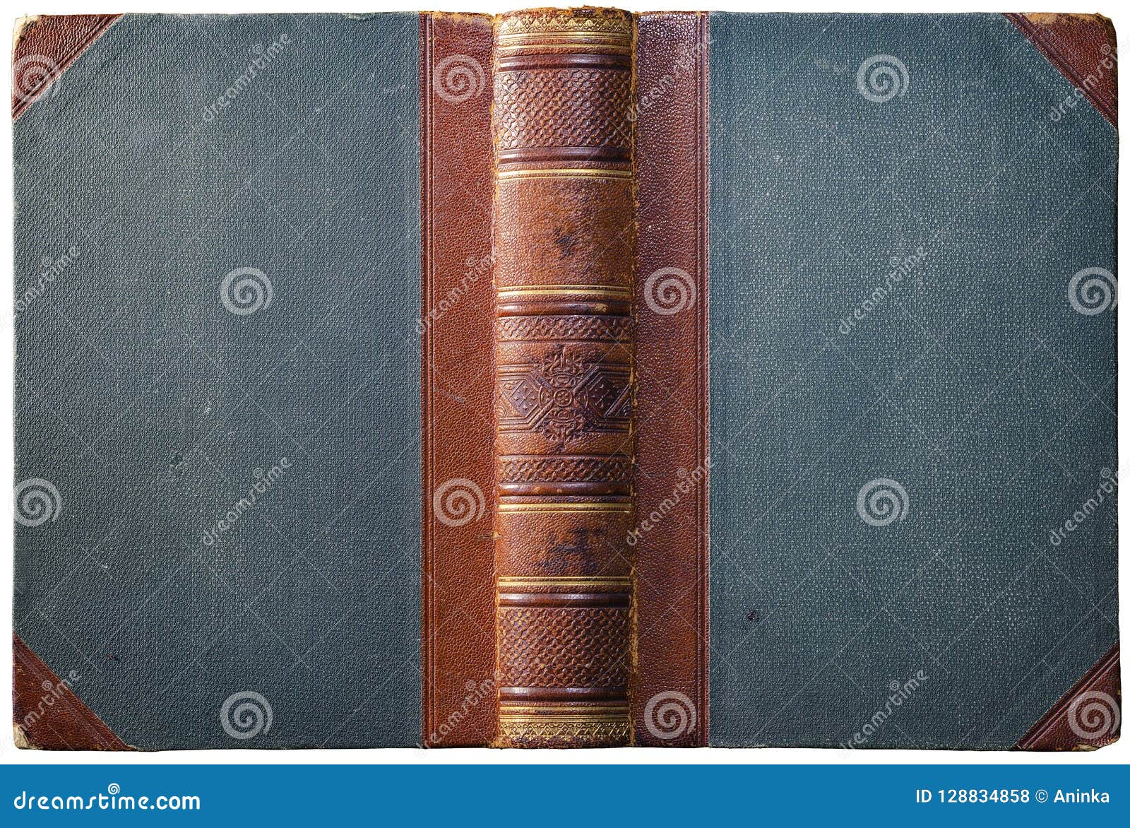 Old Open Book Cover with Embossed Brown Leather Spine Stock Photo