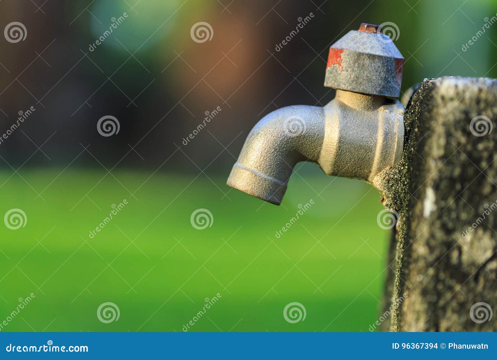 Old Outdoor Faucet Without Water In Garden On Green Blur