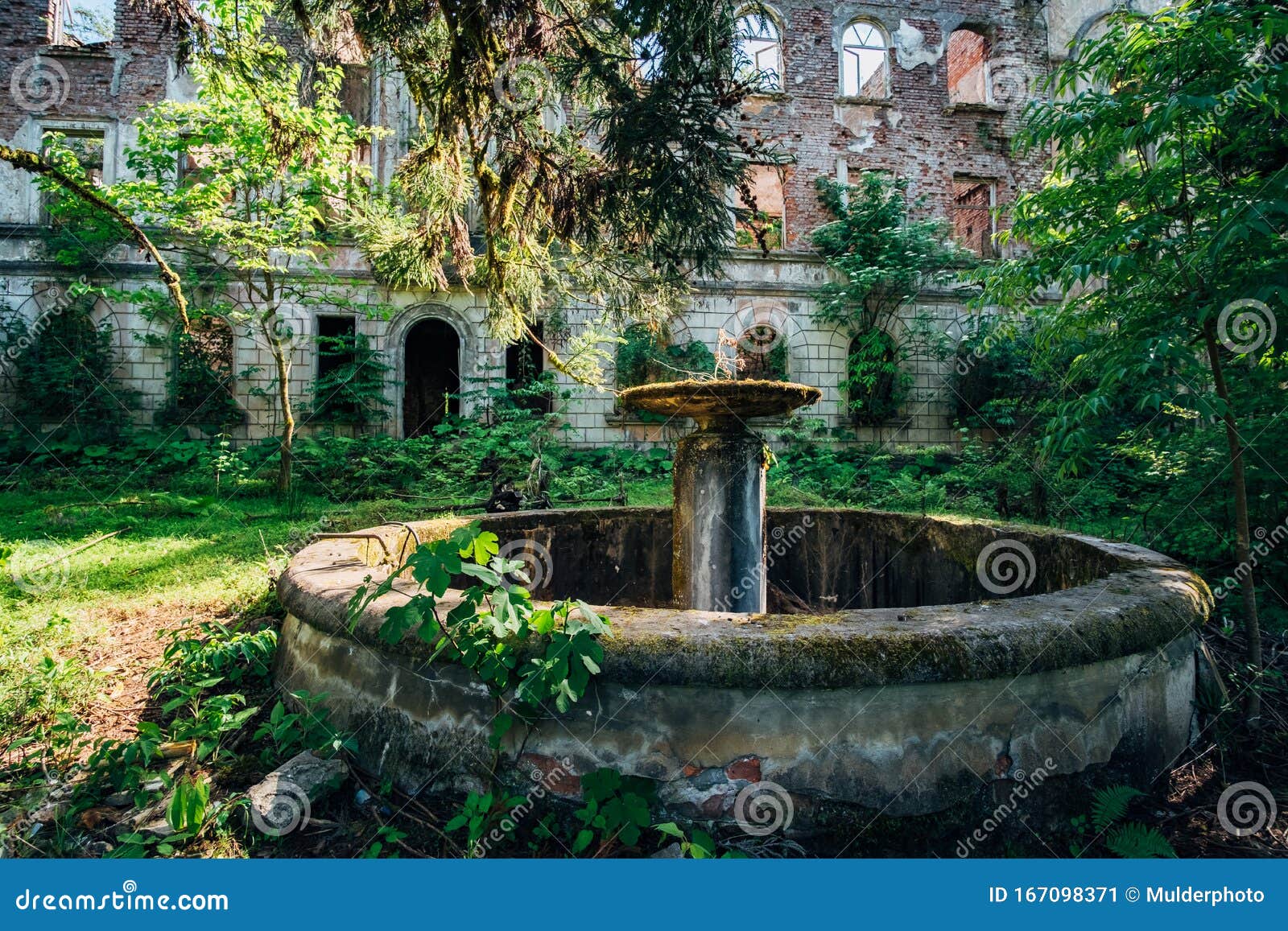 Old Overgrown Round Broken Fountain Near Ruins of Abandoned Mansion
