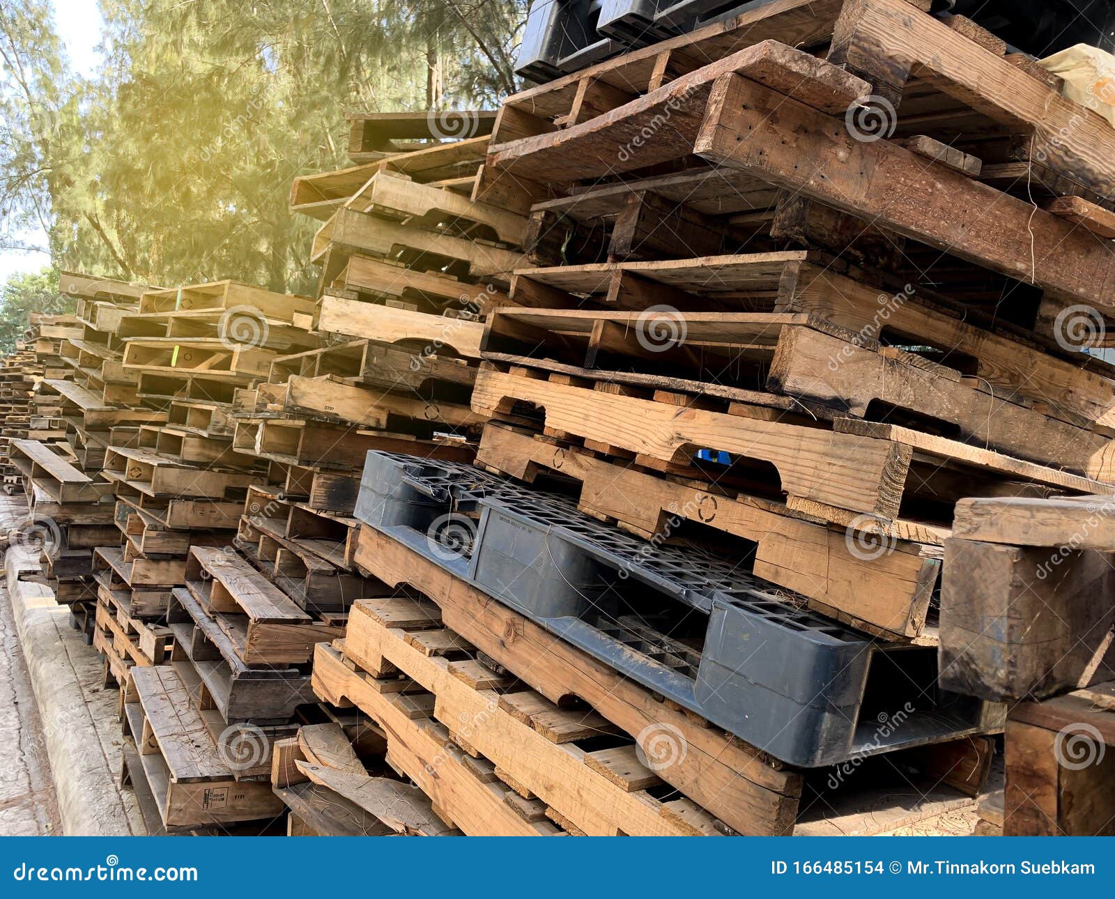 Old Pallet Wood Neat Stack Background or Wallpaper Stock Photo Image