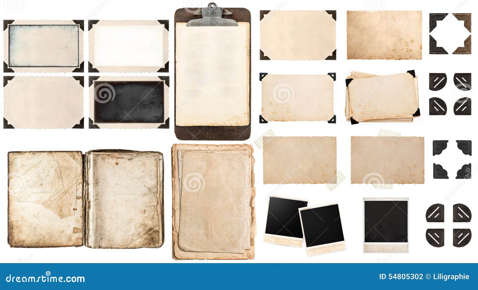 old paper sheets, book, vintage photo frames and corners, antique clipboard