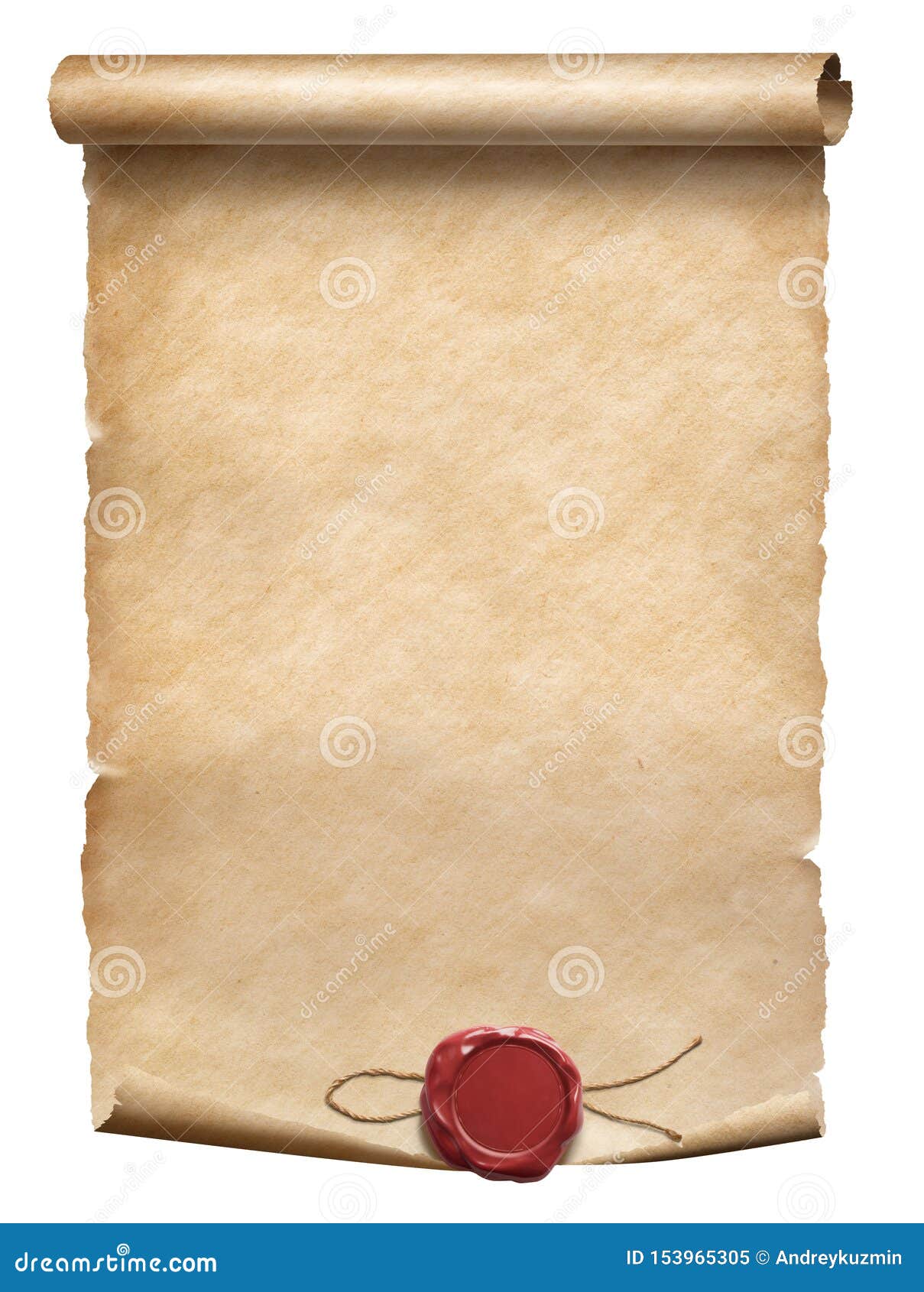Old ragged parchment roll with red wax seal, Stock image