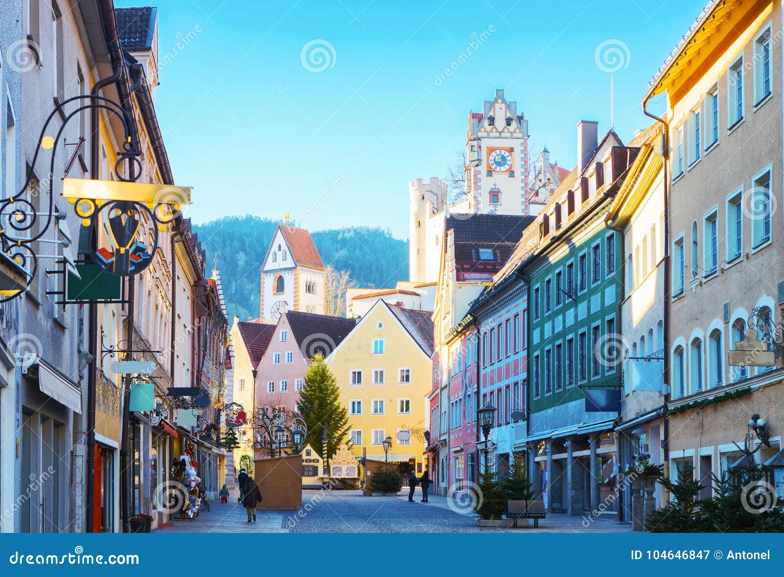 old part of the city of fussen in beautiful sunny morning after new year`s eve, bavaria, germany