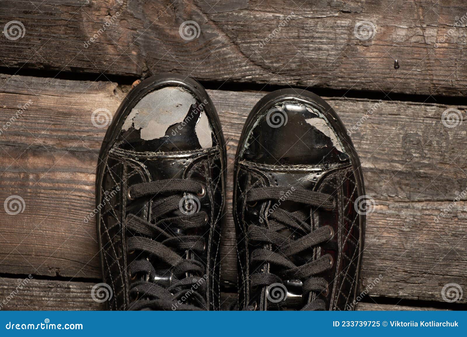 Old Patent Torn Shoes on a Wooden Floor, Womens Shoes Stock Image ...