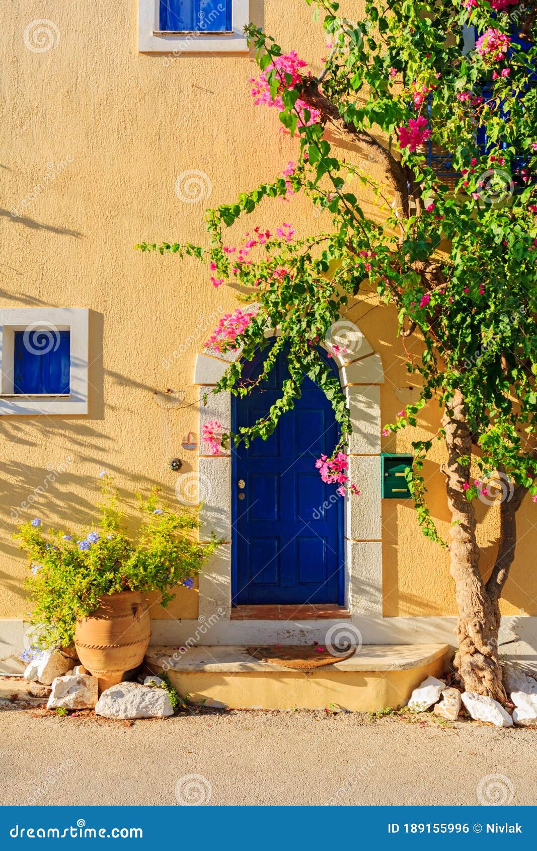 Old Pictorial Greek Door with Flowers Stock Photo - Image of greek ...
