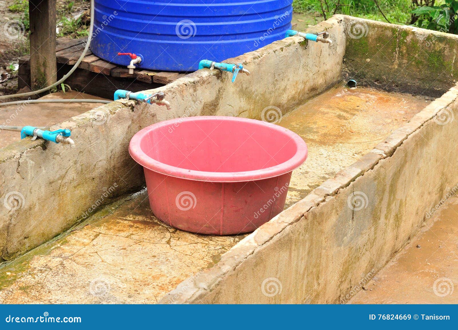 Old Plastic Basin in Cement Sink for Cleaning Stock Image Image of