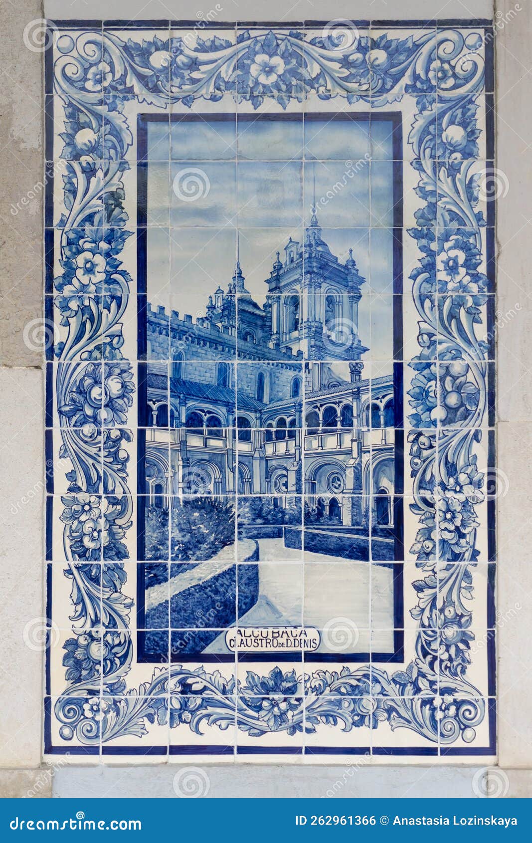 old portuguese azulejo tile with the image of claustro de d. dinis of alcobaca