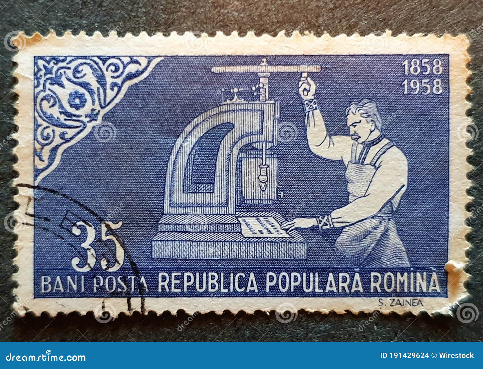 Old Postage Stamp from Romania Circa 1958 Shows a Worker Editorial