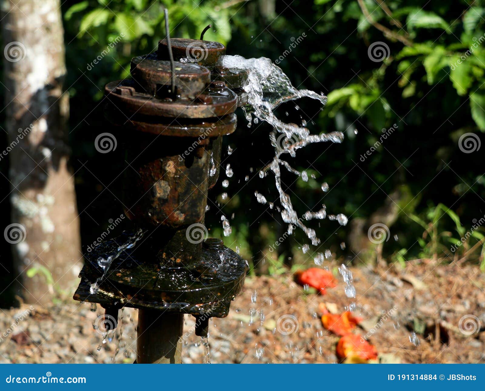 Old Public Water Supply Pipe Leaking on the Road Side Stock Photo