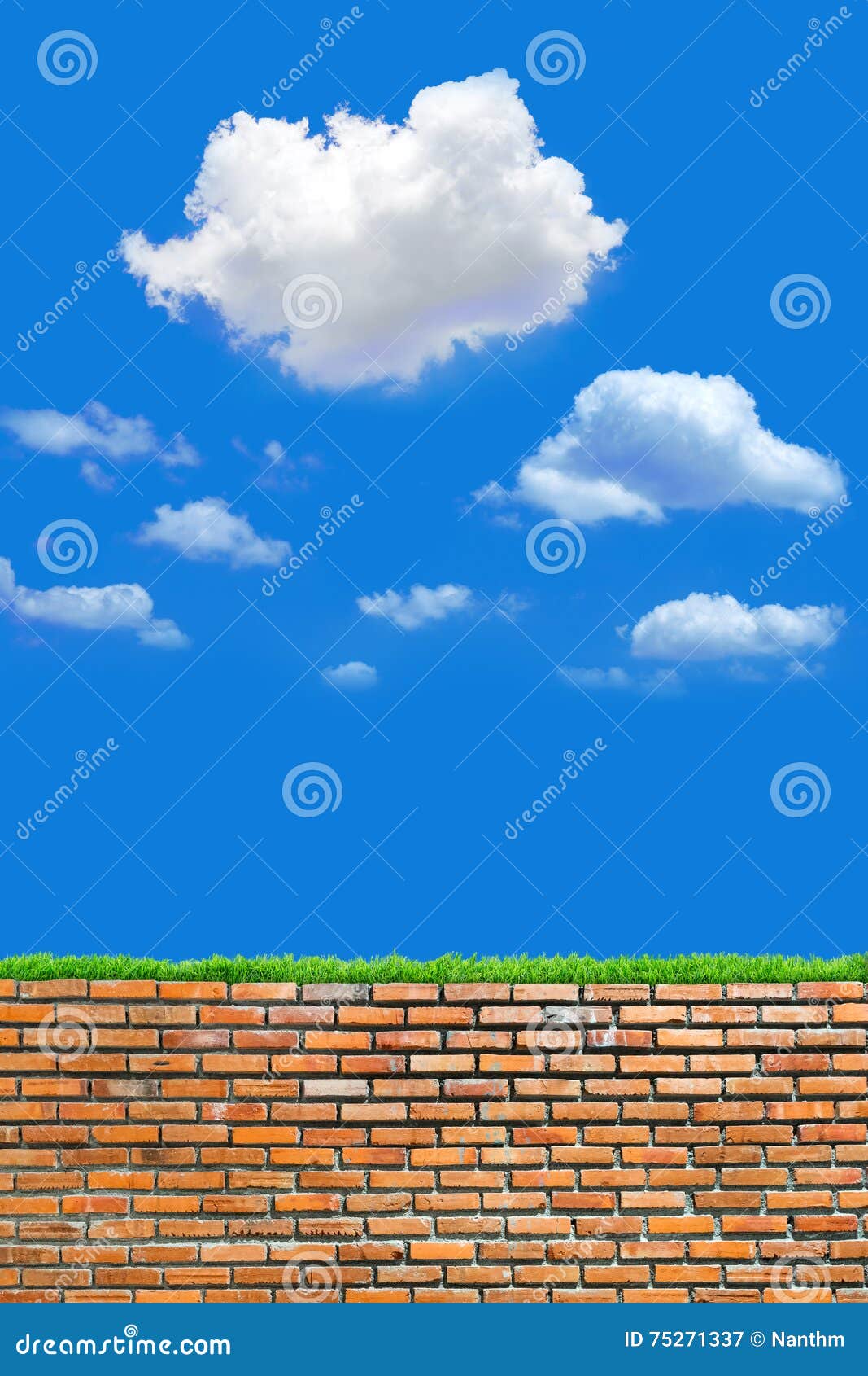 Tường gạch đỏ cũ với nền trời xanh mây và cỏ xanh sẽ kích thích trí tưởng tượng của bạn! Điều tuyệt vời nhất là thấy sự kết hợp hài hòa giữa hiện đại và cổ điển. Bức ảnh sẽ giúp bạn thấy nét thanh mảnh của tường và sự tươi vui của bầu trời xanh mây.