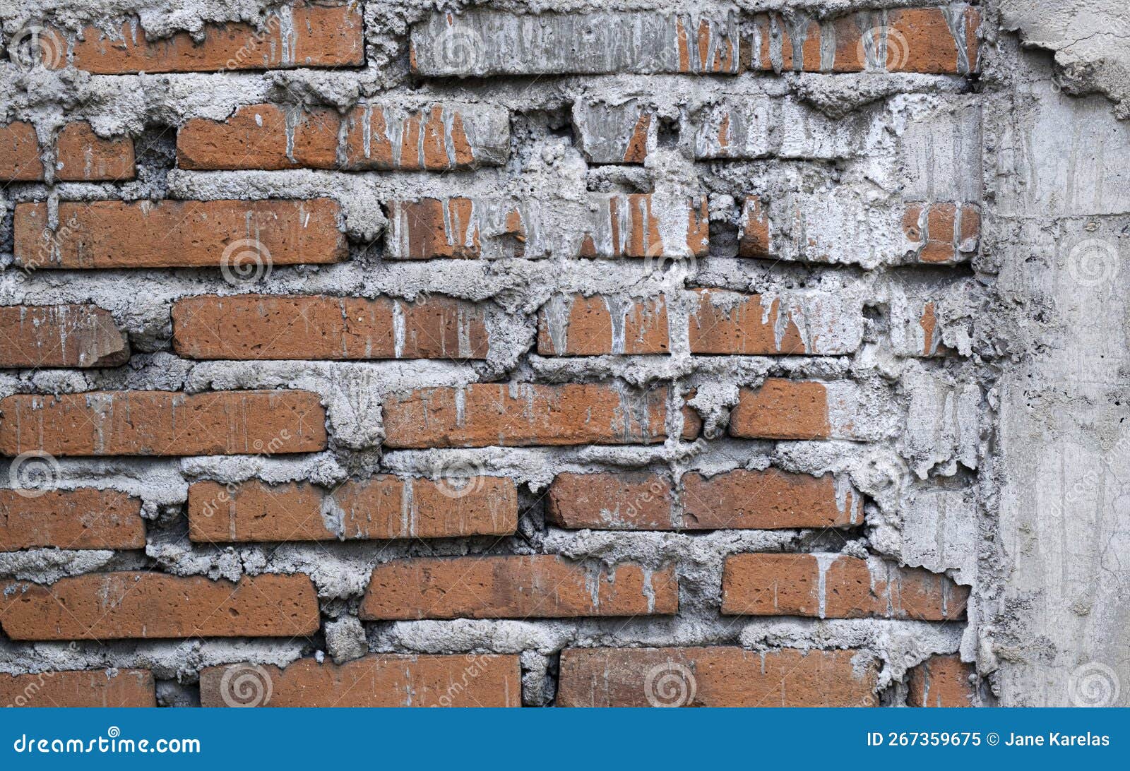 Old Red Brick Wall with Gray Mortar Dripping Down on Side. Background