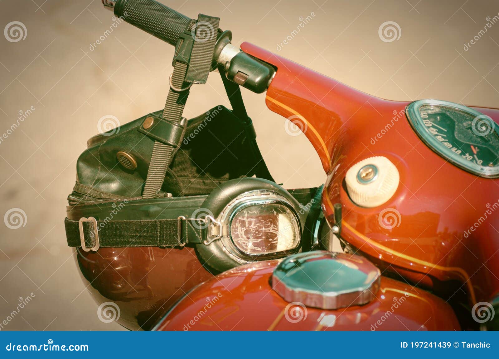Old Red Motorcycle and Helmet Hanging on the Handlebars, Retro Style