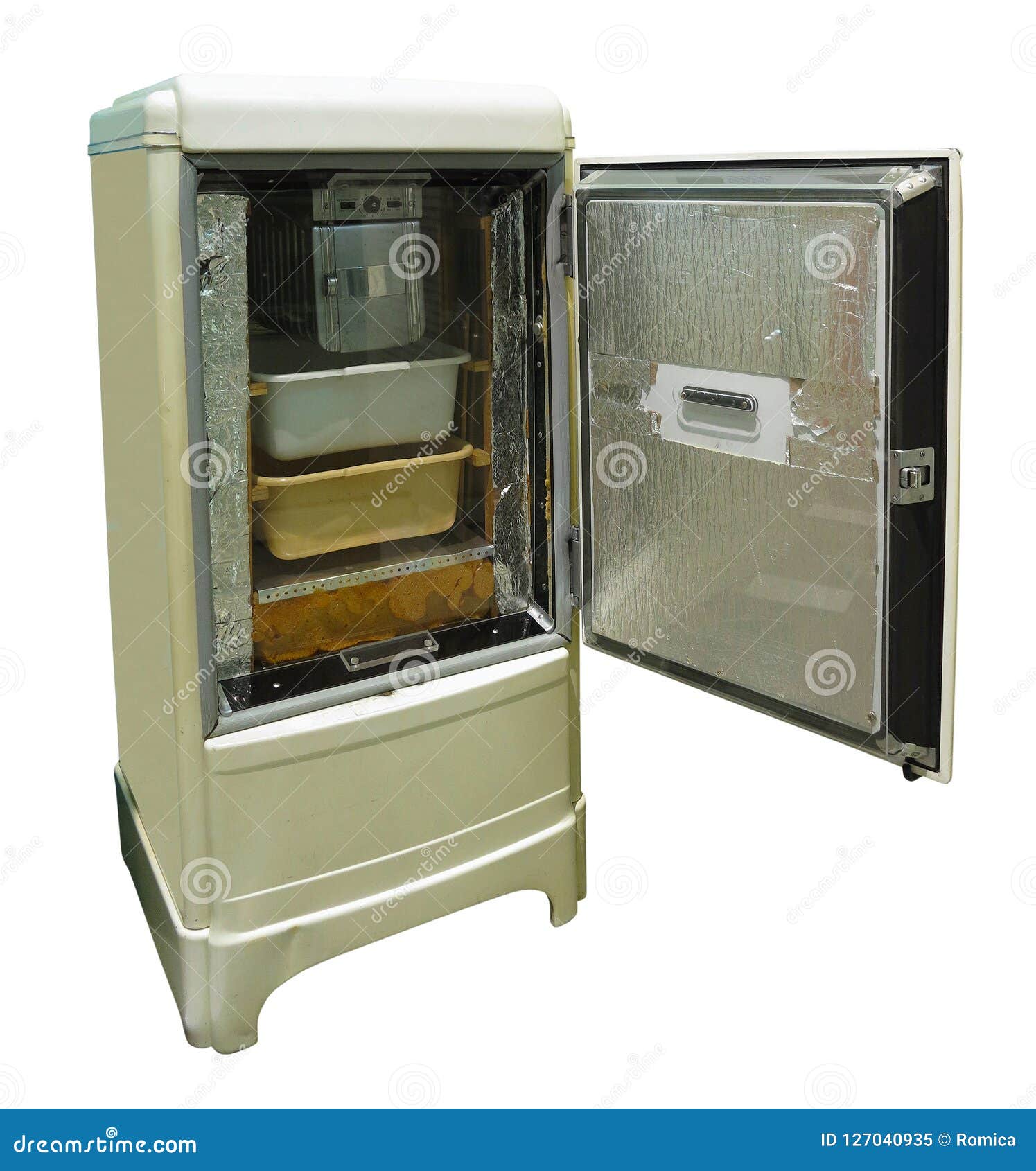 Old Refrigerator Vintage Fridge with Chrome Handle Isolated on W Stock