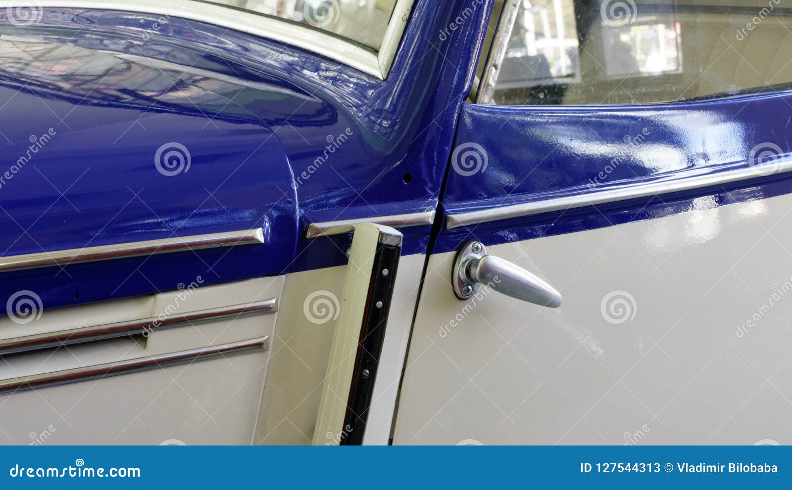 Old Retro Passenger Car is White and Blue Stock Image - Image of