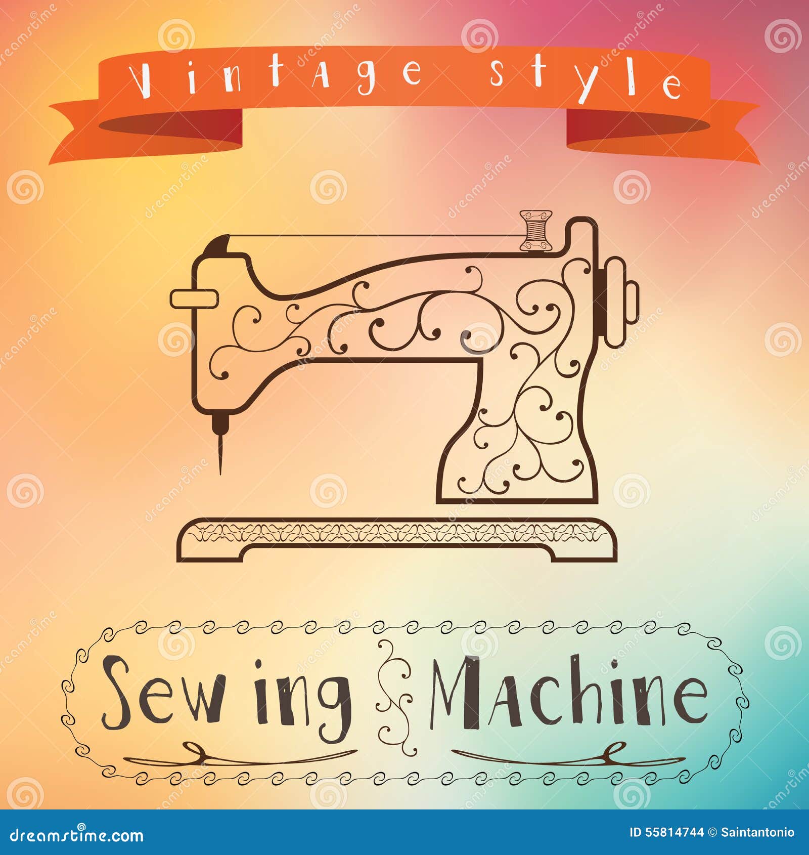 Old Retro Sewing Machine with Floral Ornament on Colorfull ...