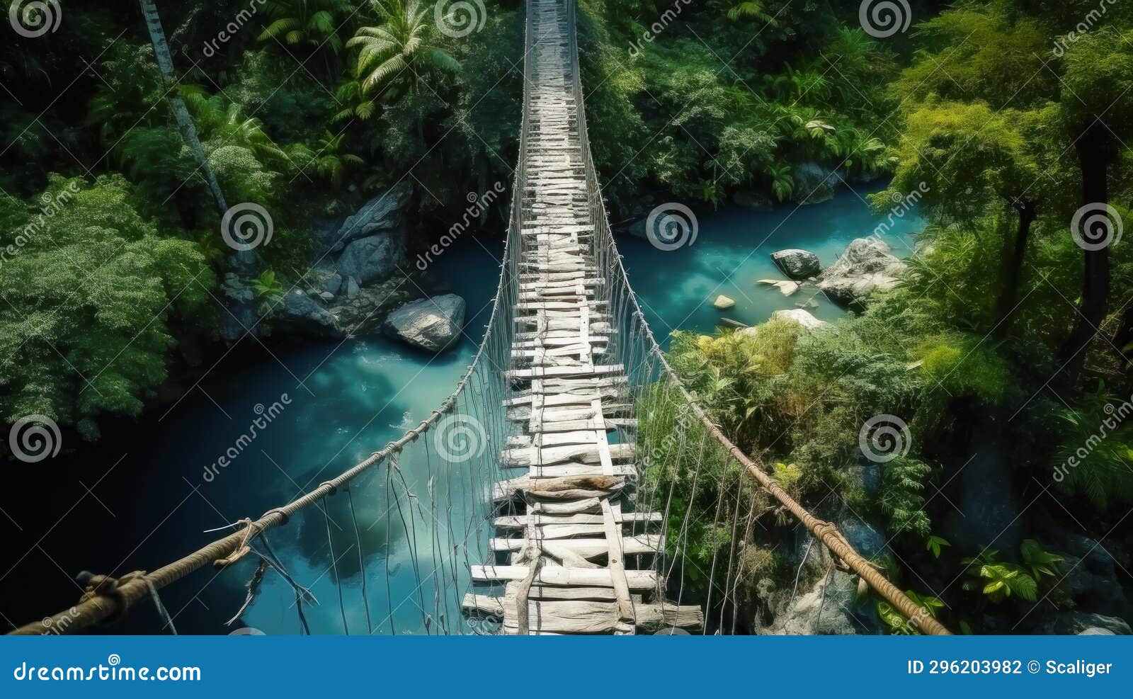 Old Rope Bridge Over Blue River in Jungle, Hanging Wood Footbridge